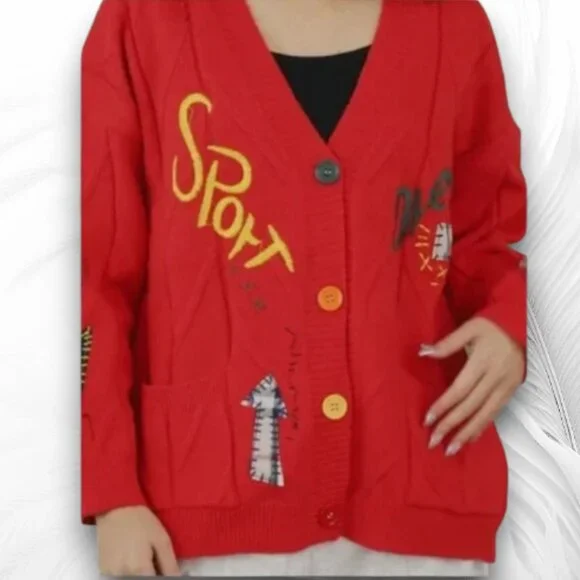 Red Graphic Cardigan Women Oversized Button Up Knit Sweater NEW Patchwork M - Picture 2 of 5